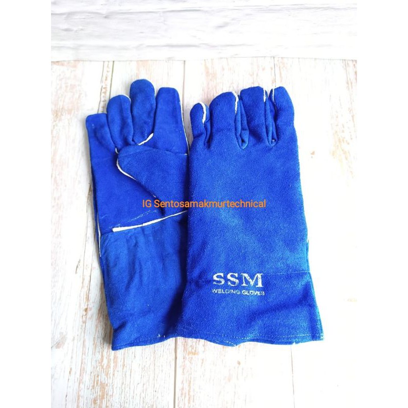 14&quot; Sarung Tangan Las Safety Welding Gloves Kulit Biru Tebal 14 Inchi