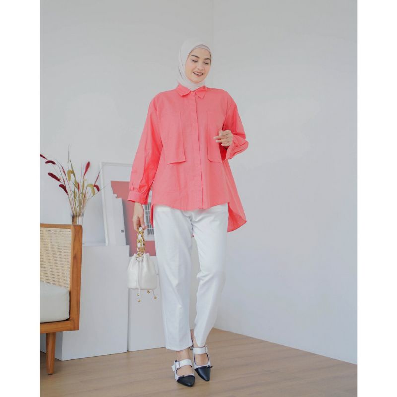 Kemeja blouse oversize gaudy kantong dua katun linen shirt ld 120 - Kemeja pocket wanita oversize - Kemeja fuchia wanita