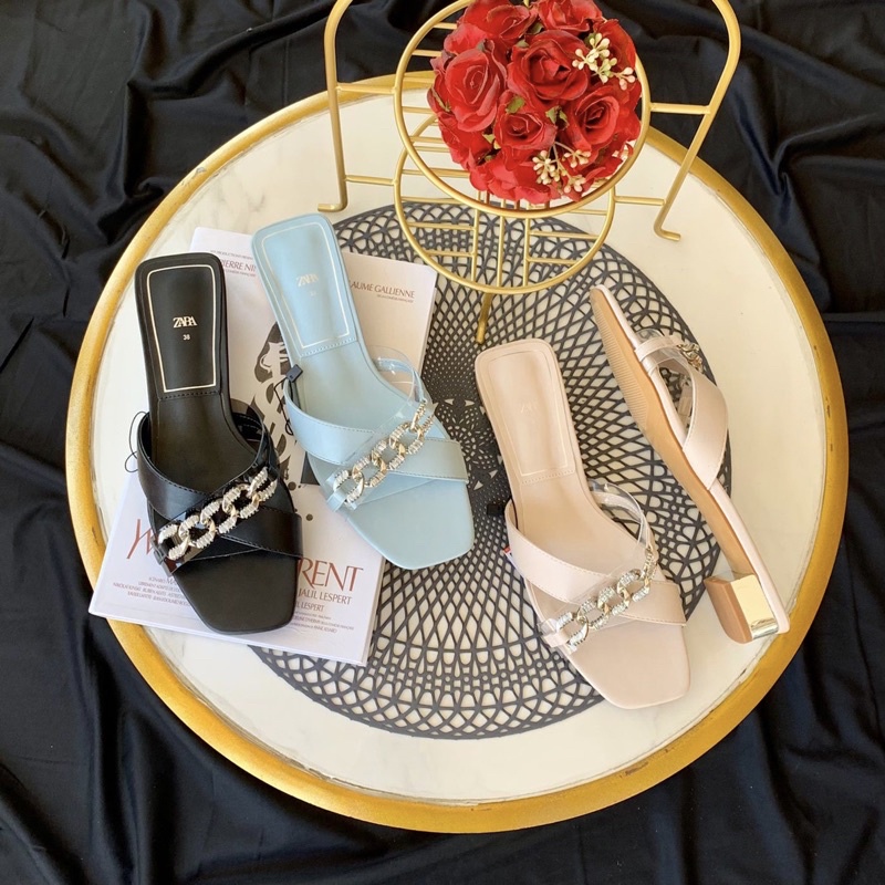 Heeled sandals chain by Zara import high quality fashion shoes sandal hak tahu hak rendah sepatu cas