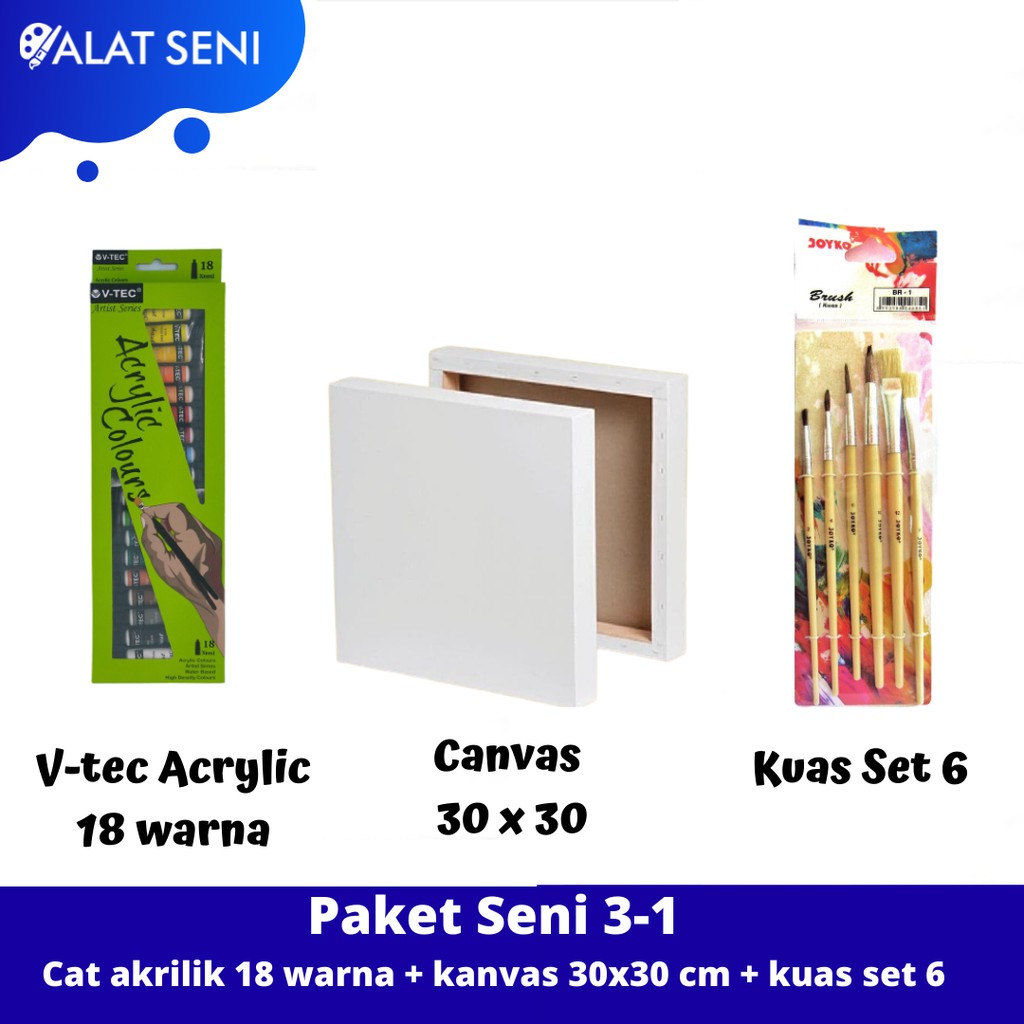 

PAKET MELUKIS HEMAT / Kanvas 30x30 cm/ Cat akrilik 18 warna / Kuas Lukis set6 - Painting Kit - paket lukis