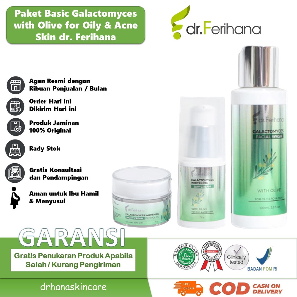 Paket Basic Galactomyces Whitening for Oily &amp; Acne Skin dr. Ferihana Cosmetics &amp; Skincare Paket Perawatan Wajah untuk Kulit Berminyak Berjerawat Ringan Sedang sampai Meradang Bernanah Sekaligus Mencerahkan Memudarkan Bekas dan Anti Aging BPOM HALAL MUI