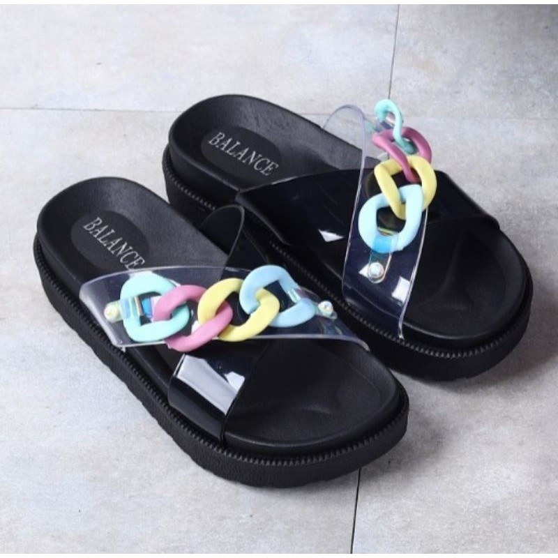 sandal wanita karet jely Balance Sandal selop silang motif rantai warna warni