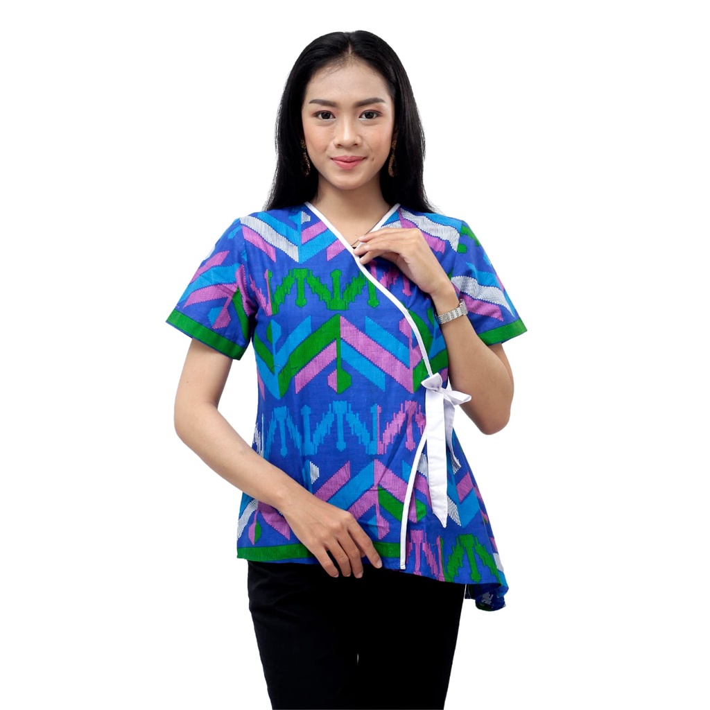 Atasan Batik Wanita Modern Blouse Batik Wanita S-M-L-XL-XXL-3L-4L-5L Bahan Katun-STABILO BIRU
