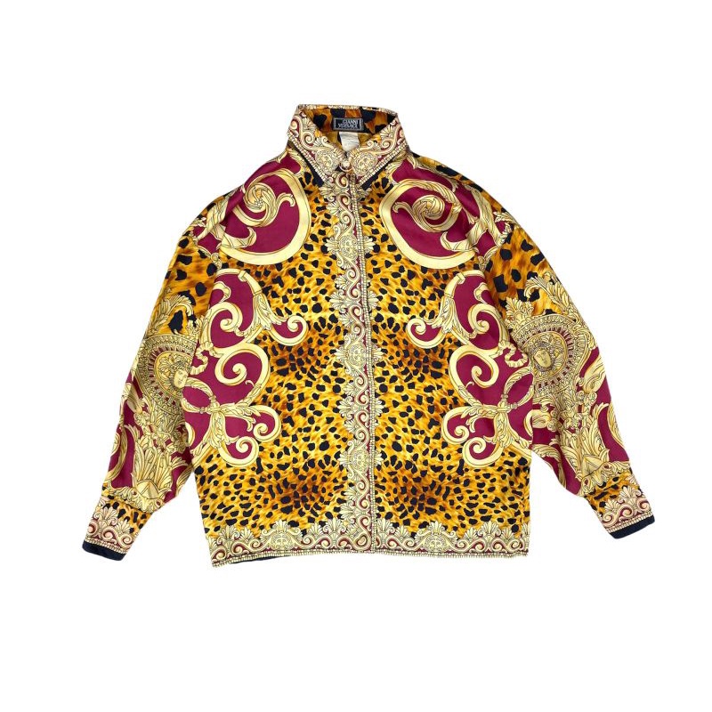1990s GIANNI VERSACE Gold Baroque & Leopard Silk Shirt With Crystals Buttons