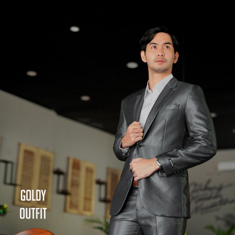SETELAN JAS GOLDY ABU TUA BAHAN MENGKILAP PREMIUM