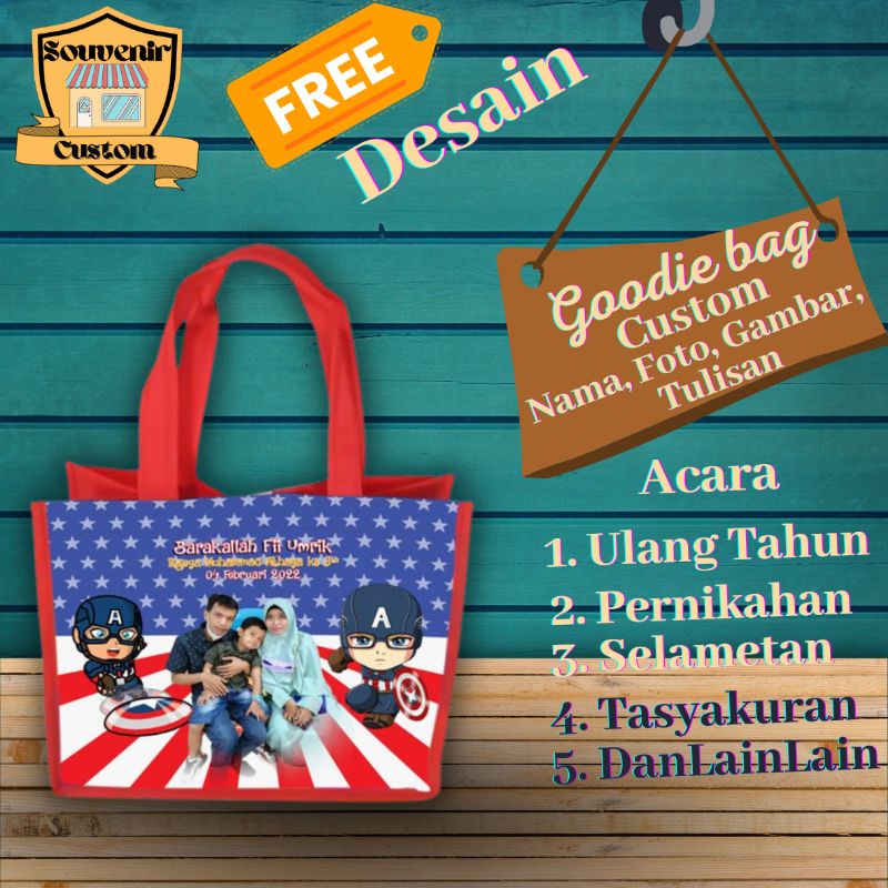 

Tas Goodie bag Custom Nama Foto Tulisan Gambar Souvenir Tasyakuran Aqiqah Ulang Tahun Pernikahan Khitanan Motif Kartun Kapten Amerika Captain America Terlaris Terlaku Termurah