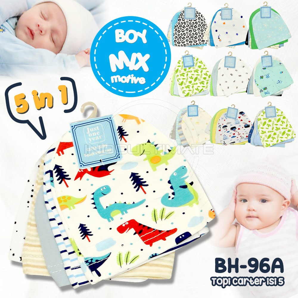 Topi Kupluk Bayi 5in1 100% COTTON BH-96A Topi Bayi isi 5 Pcs Baby Hat New Born Pelindung Kepala Bayi