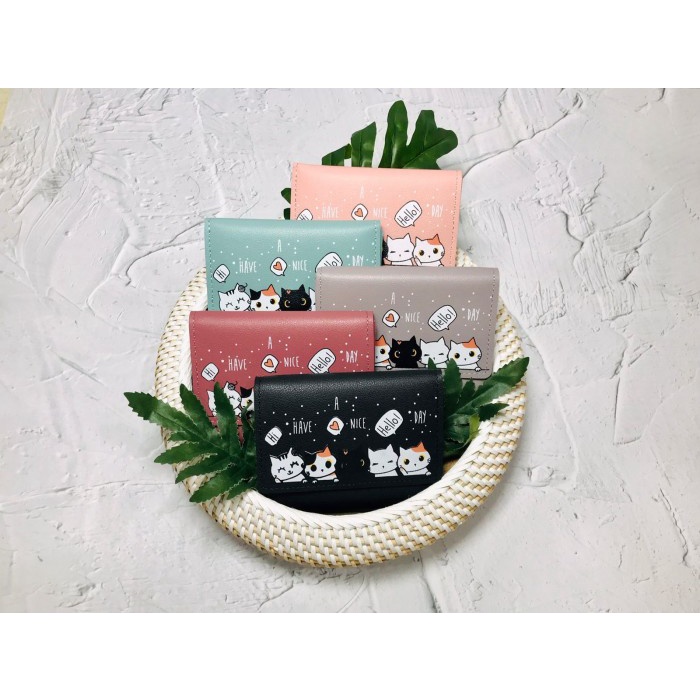 W28 Dompet Wanita Kucing Lucu Have A Nice Day Women Wallet - black