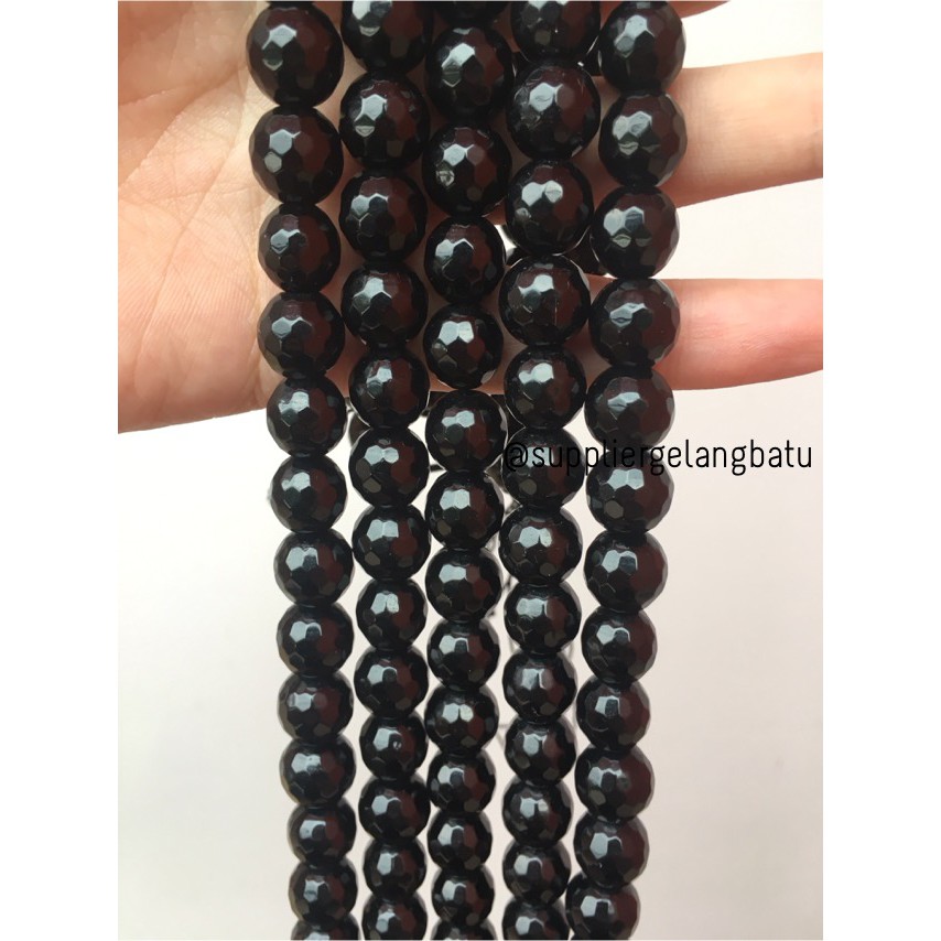 batu obsidian black onyx FACETED 12mm cutting UKIR bahan gelang kalung fesyen pernak pernik mutiara