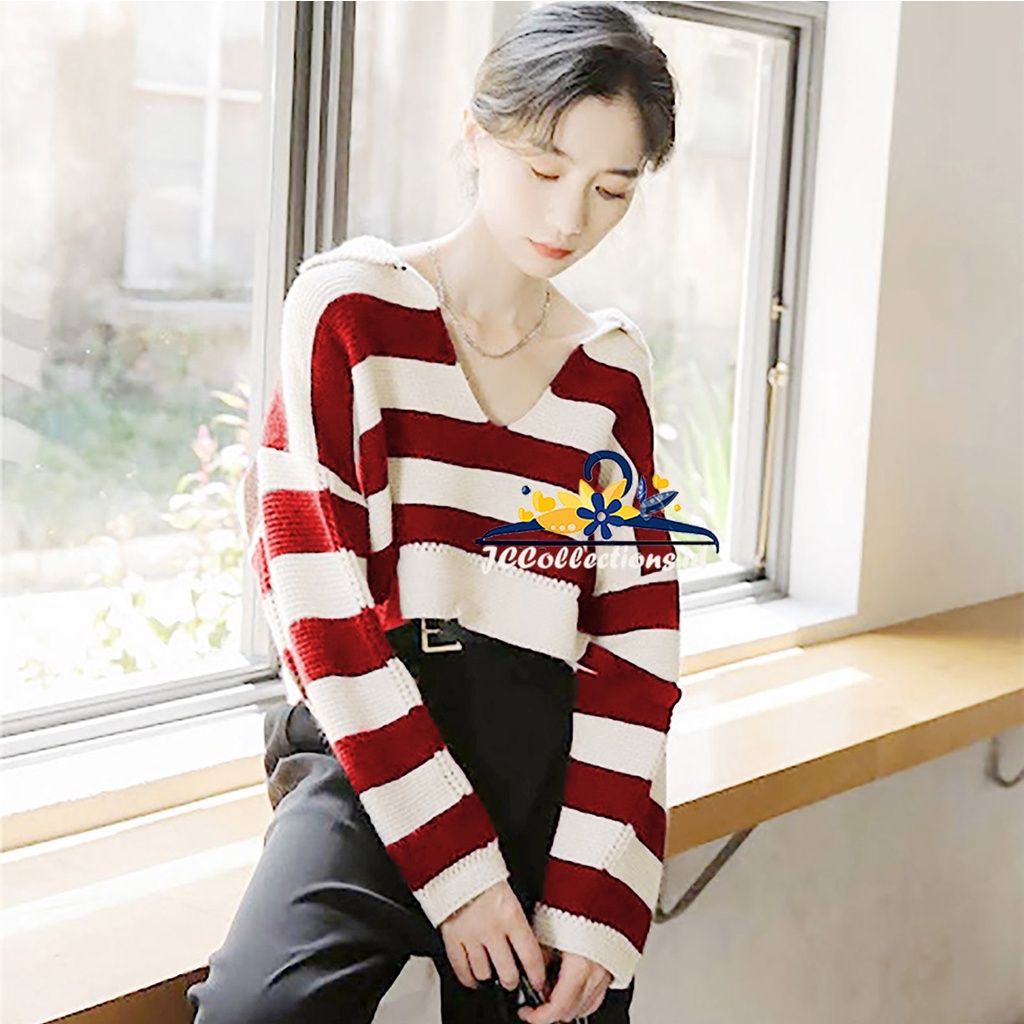 Sweater Crop Top Polo Knit Kerah Blaster Atasan Rajut Wanita Korea Style Kekinian Feijji / Sweater Oversize Croptop - JCCollections