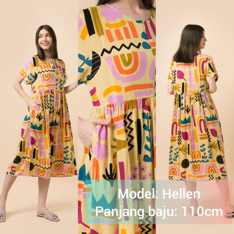 DASTER KHALIFS SLEEPWEAR EXCLUSIVE KHALIF'S ID HOMEWEAR HOMEDRESS RAYON VALENCIA SUPER PREMIUM BUSUI BAJU HAMIL FRIENDLY MIDI NYAMAN GEMES ADEM TERBARU-HELEN ColorfulYellow