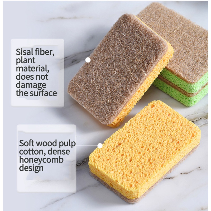 Double Sided Sisal Sponge / Biodegradable Wood Pulp Cotton Scouring Pad / Kitchen Oil-free Dishwashing