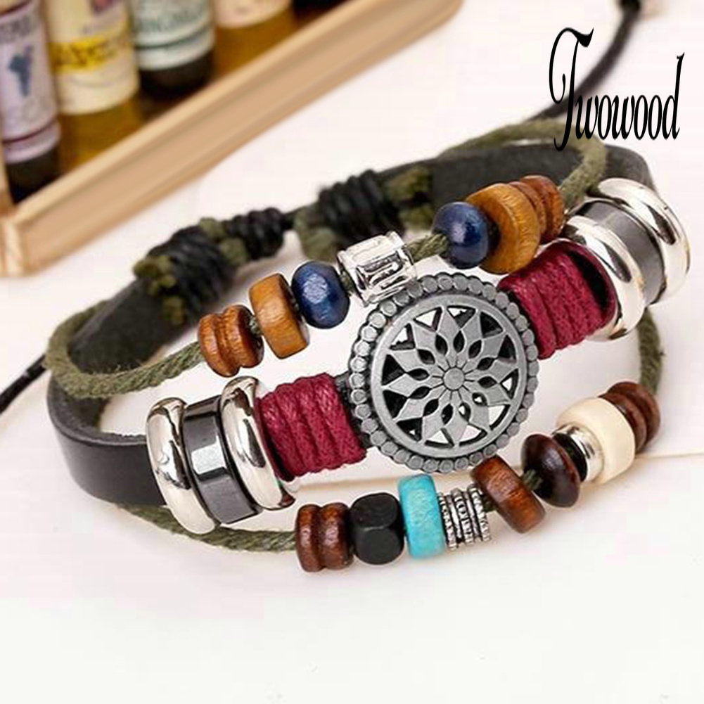 Gelang Tali Kulit Adjustable Multilayer Aksen Manik-Manik Gaya Boho Untuk Wanita