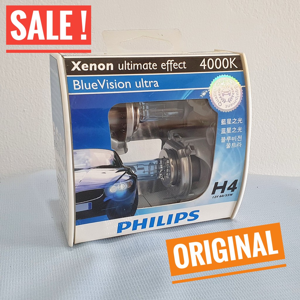 Philips Blue Vision Ultra H4 60/55 Watt - Lampu Depan Mobil Warna Putih Kekuningan 4000K