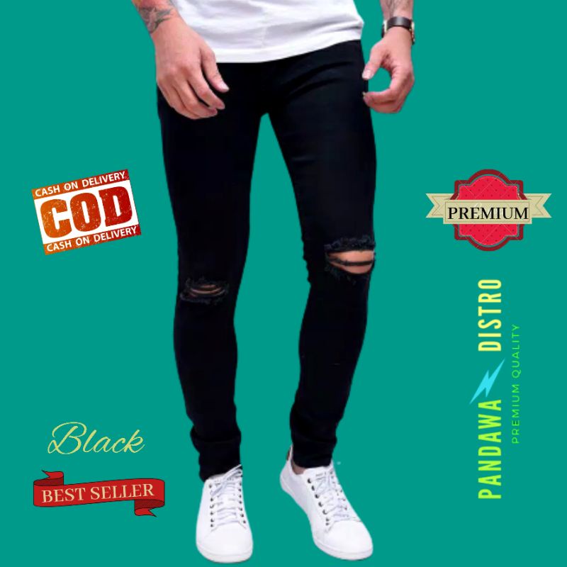 CELANA JEANS PRIA SOBEK RIPPED ROBEK SLIMFIT PENSIL STRETCH DENIM HITAM PREMIUM 27-38