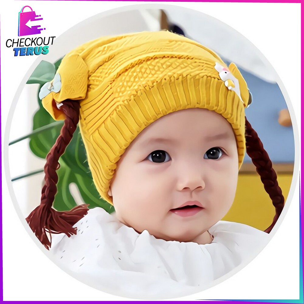 CT P19-21 Topi Anak Perempuan Rambut Kepang Topi Kupluk Bayi Rajut Imut Lucu Bunny Hat Baby Hat Wig Impor Lucu