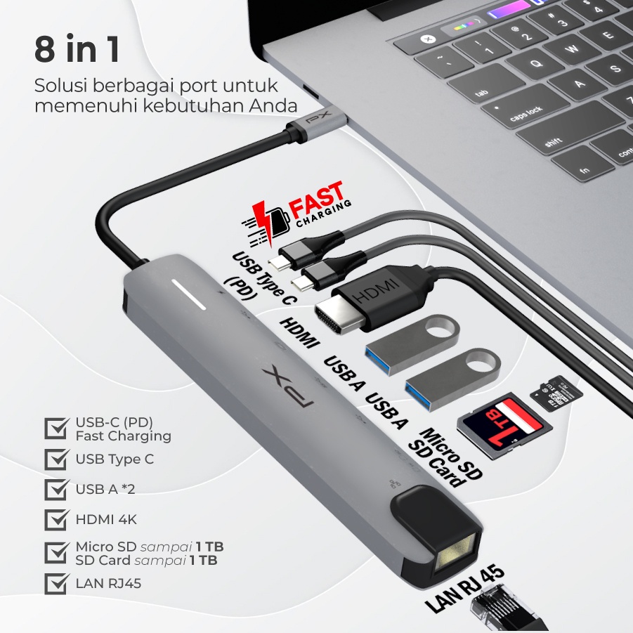 Converter Hub Adapter 8 in 1 Type C 3.1 to USB C 4K HDMI PX UCH08