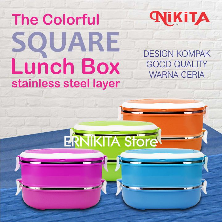 NIKITA LUNCH BOX RANTANG STAINLESS KOTAK 2 SUSUN - Silikon Kedap Udara Sendok