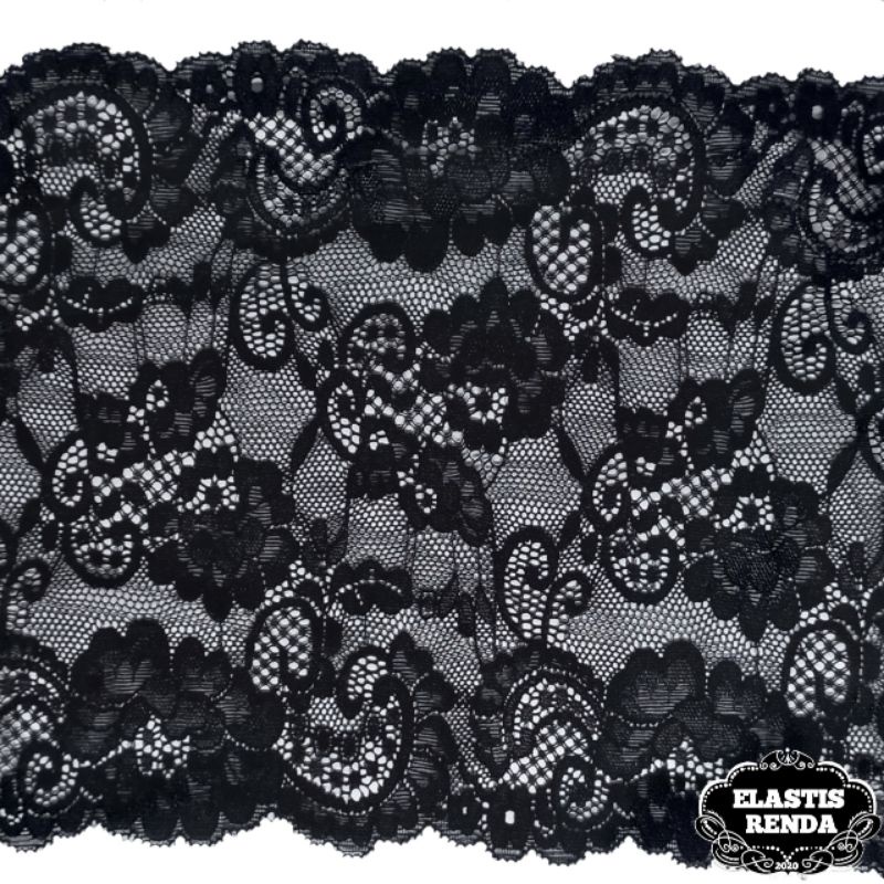 (Harga Per Meter) Renda Stretch Motif Bunga Warna Hitam Lebar 20cm