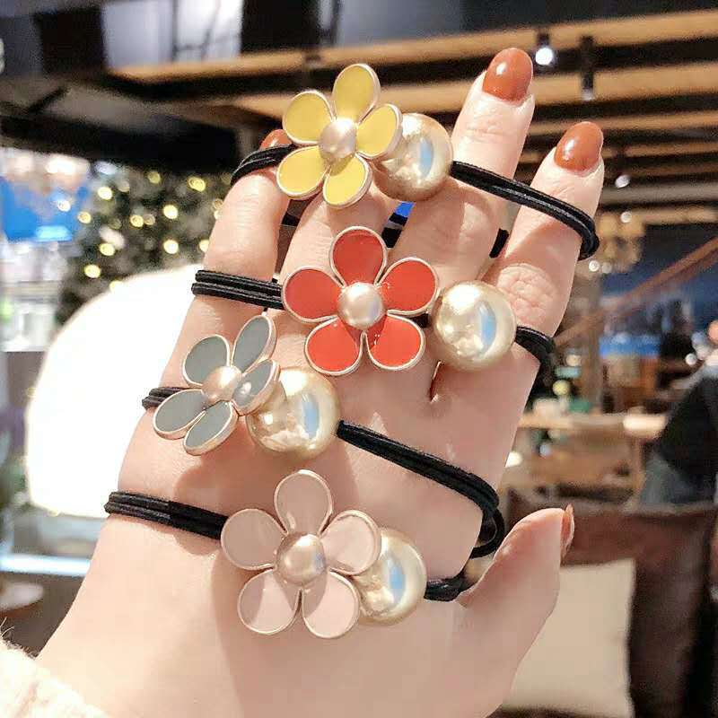 Fashion Golden Bead Flower Hair Rope Ins Ladies Candy Color Hair Ring Hair Tie