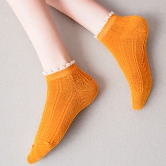 [COD] Kaos Kaki Wanita Import Motif Garis Renda Kaos Kaki Polos Cantik dengan Aksen Renda Ala Korea Kaos Kaki Semata kaki Ankle Shock-Mustard