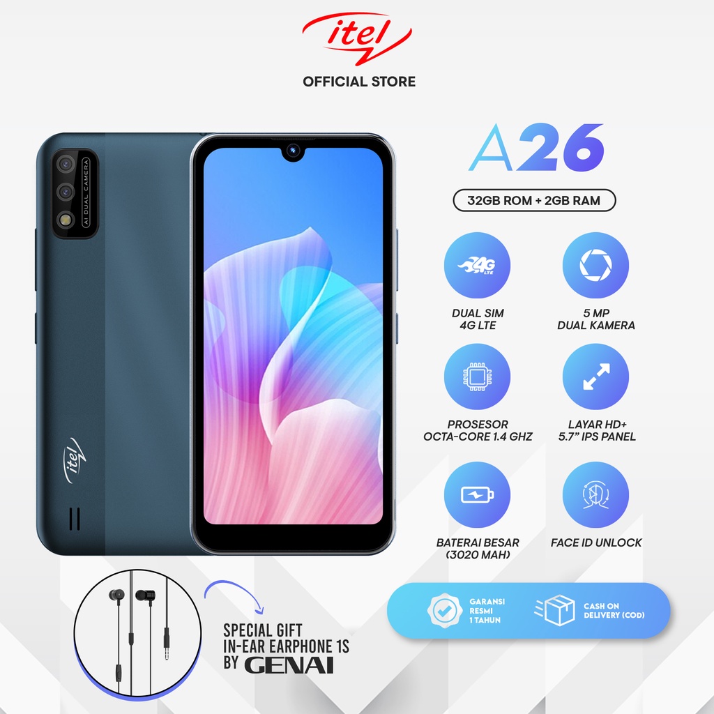 Itel A26 RAM 2GB+32GB 5,7"HD+ Waterdrop FullScreen Face Unlock Unisoc - Deep Blue
