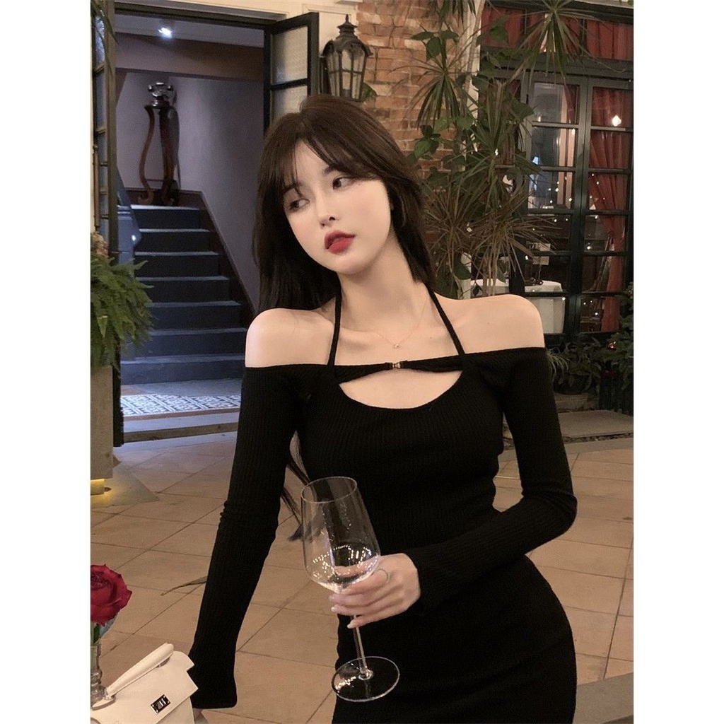 dress korean style pure desire sexy hollow one word collar wrap arm skirt women waist knitted halter