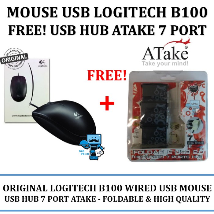 Mouse Logitech B100 FREE USB HUB 7 Port Atake