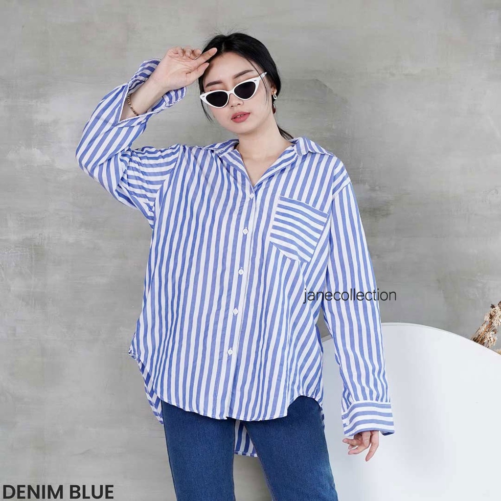 JANE COLLECTION || Kemeja Wanita Oversize Lengan Panjang Kemeja Jumbo Salur Garis Katun Nabila Oversized Shirt Cotton XXXL