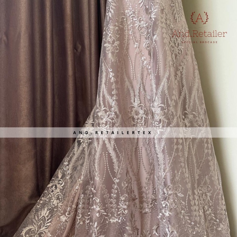 Bahan Kebaya Mewah Brokat Tile Payet Gloria Exclusive Warna Coksu Latte