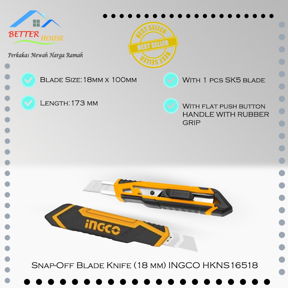 

Snap-Off Blade Knife (18 mm) INGCO HKNS16518 Cutter Besar 18mm Retract