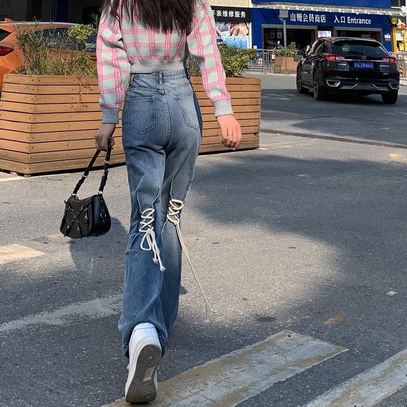 Suhao Microflared Jeans Wanita Musim Semi dan Musim Gugur Baru Spice Girl Tinggi Pinggang Lurus Terlihat Slim Tinggi Band