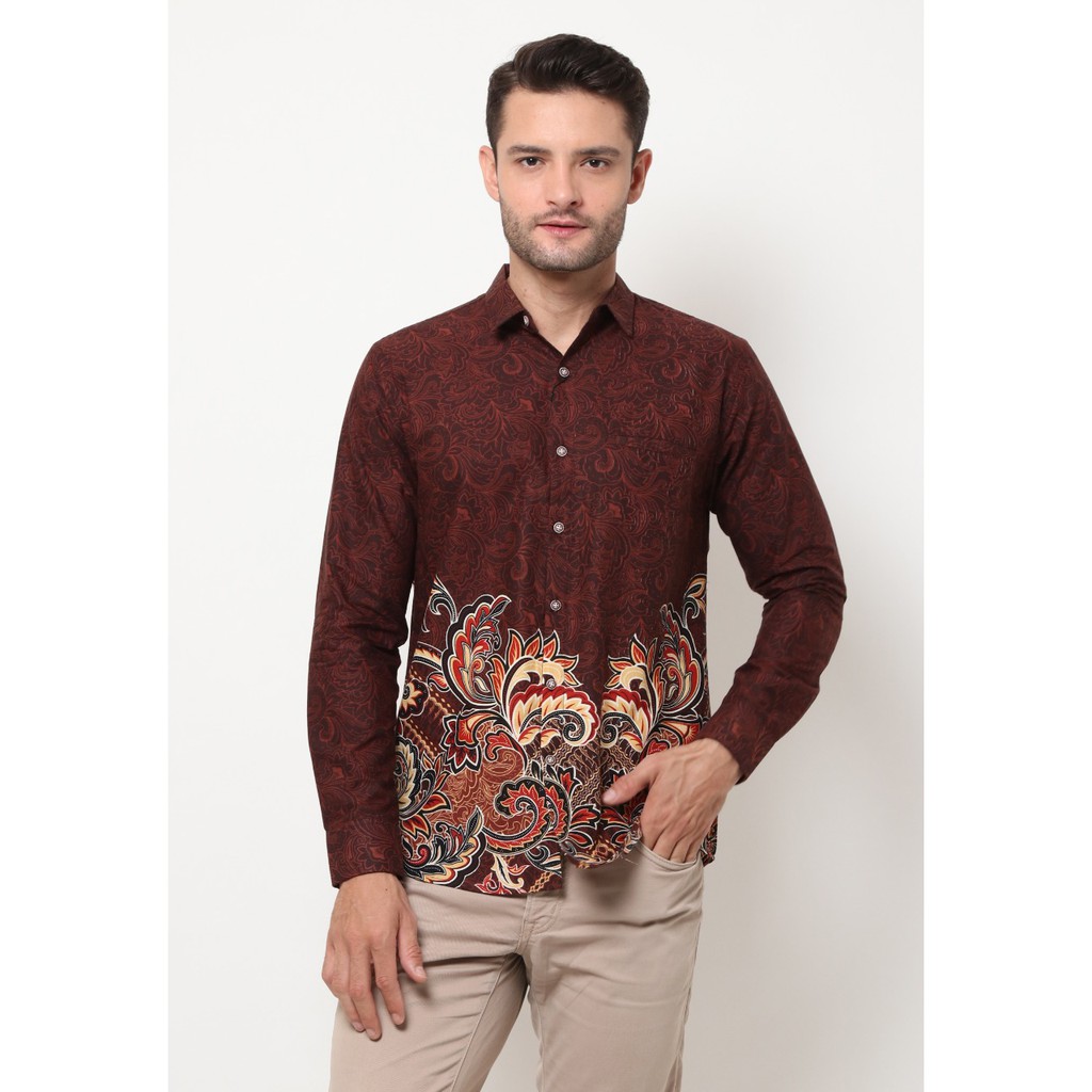 M231 Kemeja Pria Batik  Panjang Warna  Coklat  1612 Shopee 