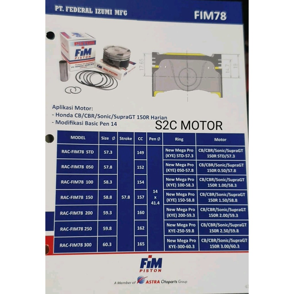piston Kit FIM Sonic CBR CBR NEW Harian Fim78 Pin 14