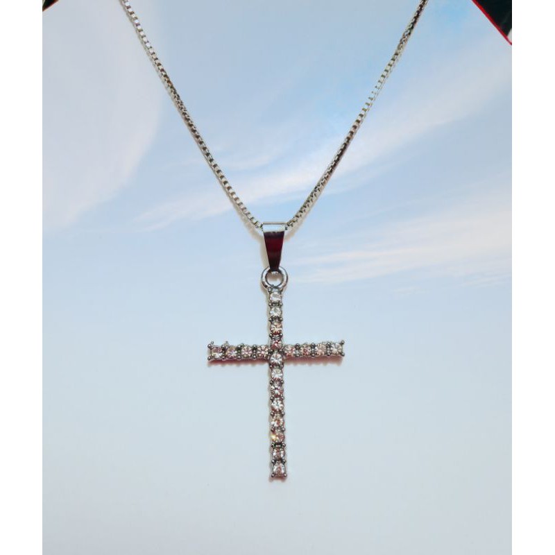 kalung salib pria/wanita 45cm berlapis emas putihh dengan mata zircon.