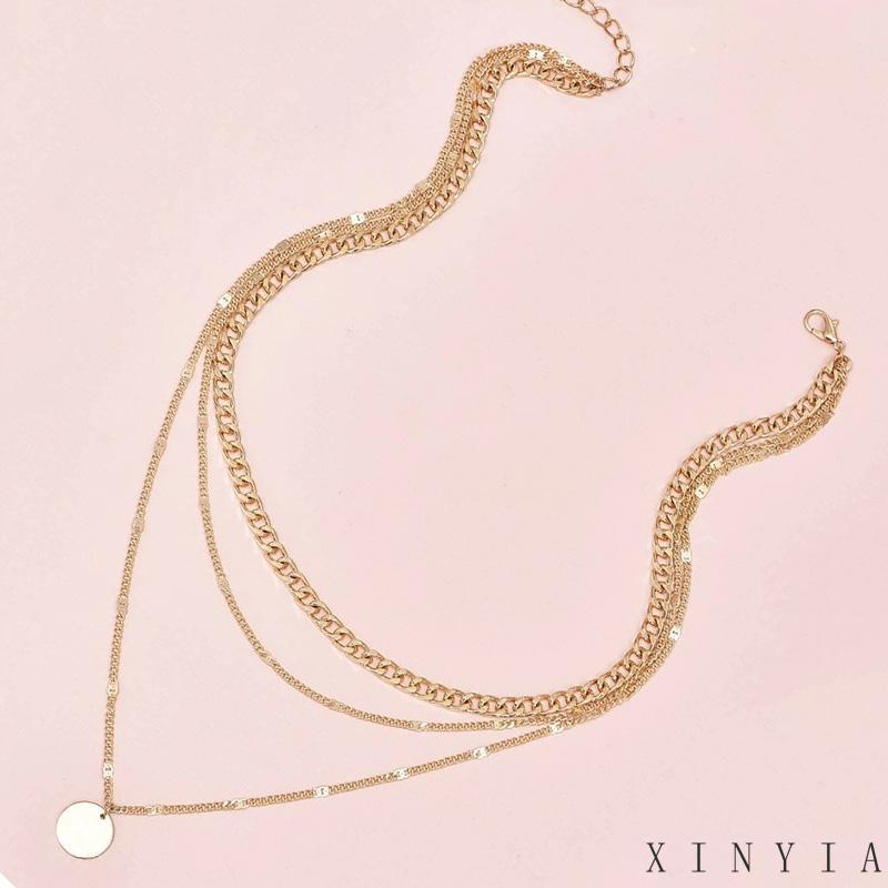 Xia.id Kalung Rantai Pendek Multi layer Liontin Bulat Kecil Hias Kristal Untuk Pria / Wanita