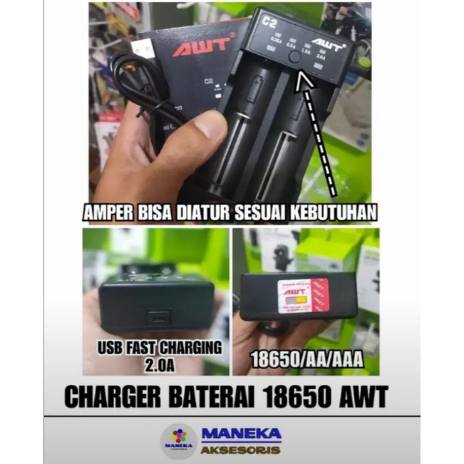 Fast Charger AWT C2 2A 2 Slot Authentic Original Oten 18650 AA AAA A2 A3 Otentik