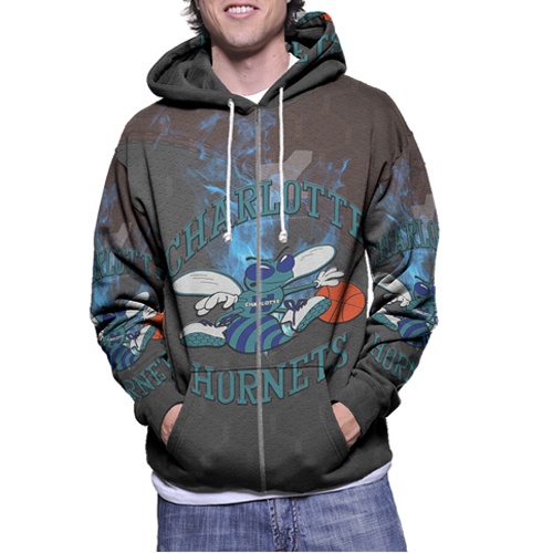 Jaket Hoodie Zipper Fullprint Charlotte Hornets Bahan Polyester Jersey [Hoodie Dengan Ritsleting] Zi