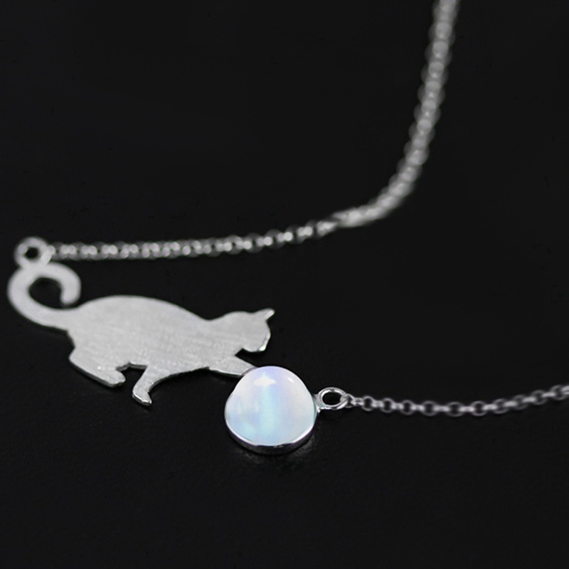 Fancyqube Gelang Tangan Sterling Silver 925 Desain Hewan Kucing Lucu Hias Kristal Moonstone Untuk Wanita