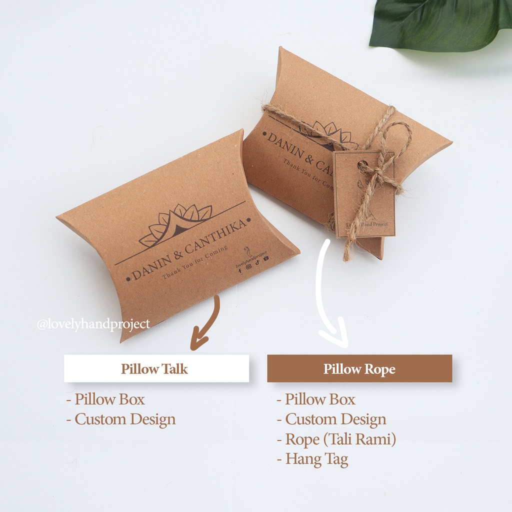 Pillow Box Souvenir Custom Packaging Tali Rami Paper Bag / Kemasan Souvenir / Kemasan Produk / Gift Box / Kotak Kado / Packing Souvenir / Souvenir pernikahan Bantal packaging