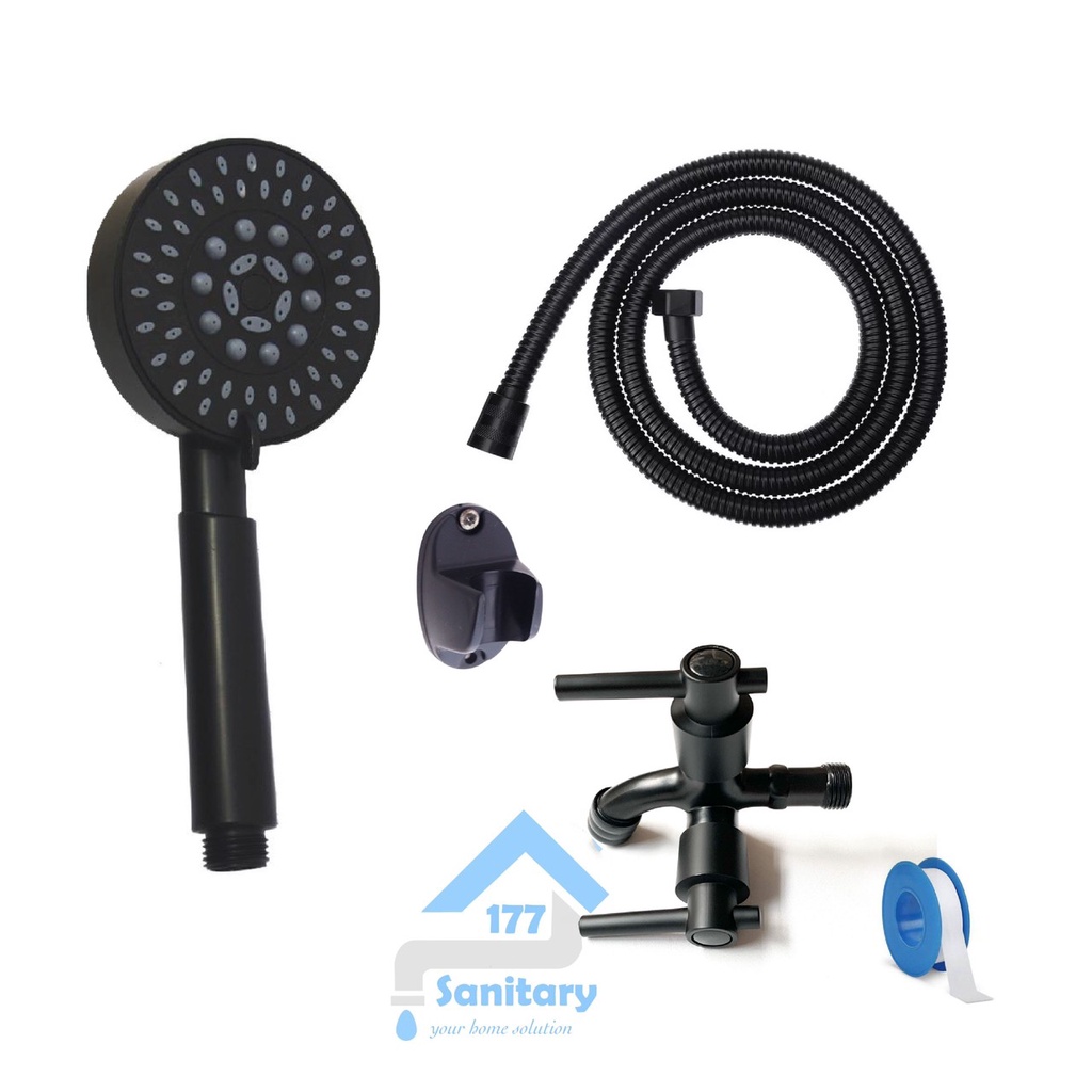 Paket bundling Hand shower 5in1 HITAM 19004BL-kran cabang- Handshower semprotan sower mandi set black dan kran air cabang hitam minimalis