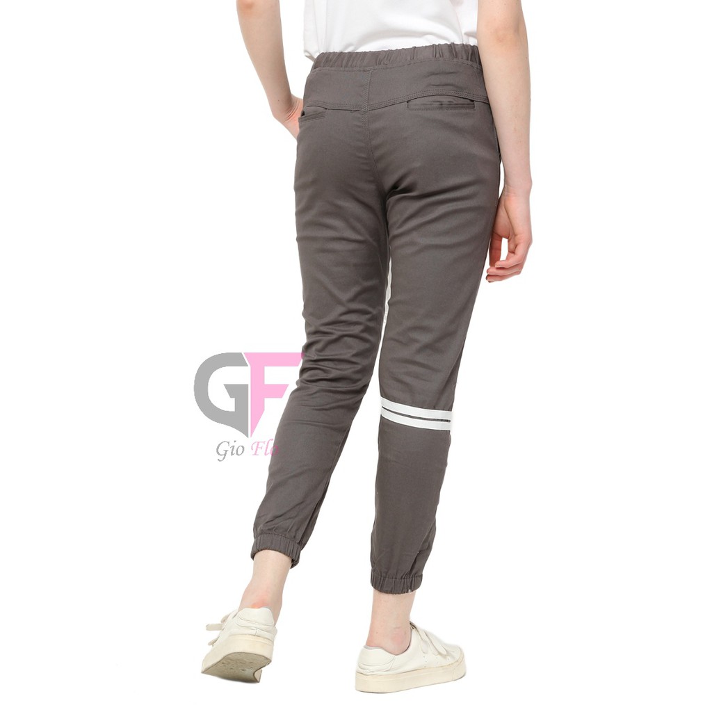 GIOFLO Pakaian Wanita Celana Jogger Kasual Panjang Strip Abu / CLN 956