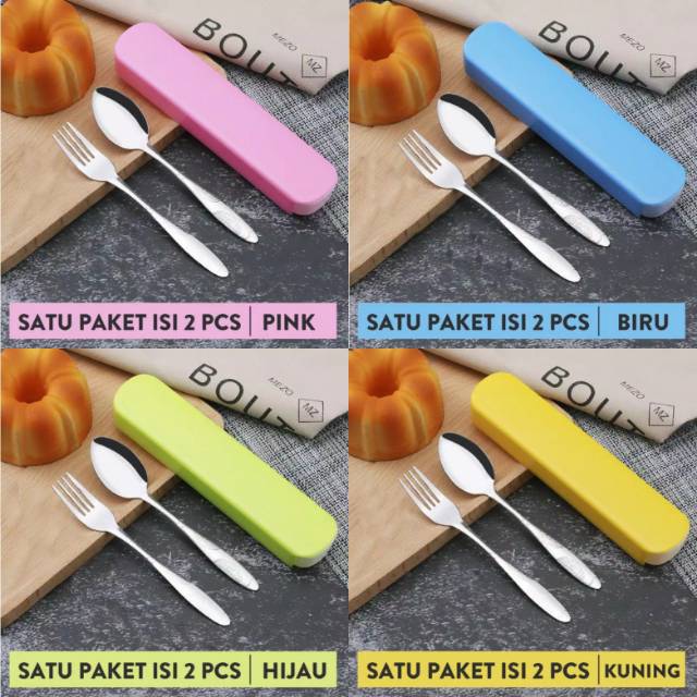 (NCS) Sendok Garpu Kotak Stainless Steel Travel dengan Kotak Biru Hijau Kuning Pink 3 in 1 set isi 3 pcs