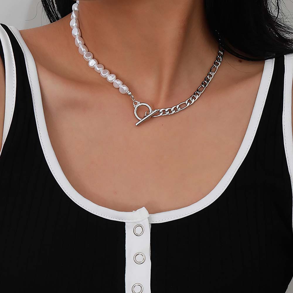 Needway  Temperament Women Necklace Simple Chocker Clavicle Chain Chain Imitation Pearl OT Buckle Korean Personality Retro Fashion Jewelry