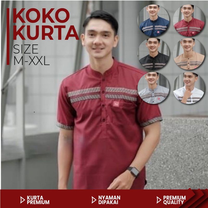 Baju Koko Kurta Lengan Pendek Fashion Muslim Pria Dewasa Terbaru Bahan Tebal Halus