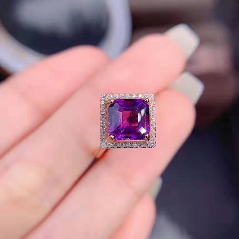 Cincin Wanita Hias Zircon AAA Bentuk Persegi Warna Ungu Gaya Korea Minimalis Untuk Pernikahan