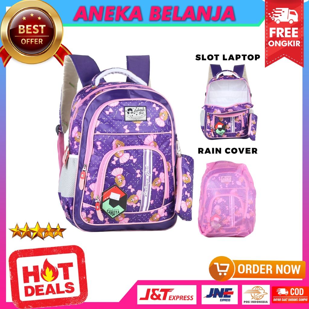 Tas Sekolah Anak SD Model Cahaya Princess STrip Ungu Free Tempat Pensil Free Raincover Berkualitas