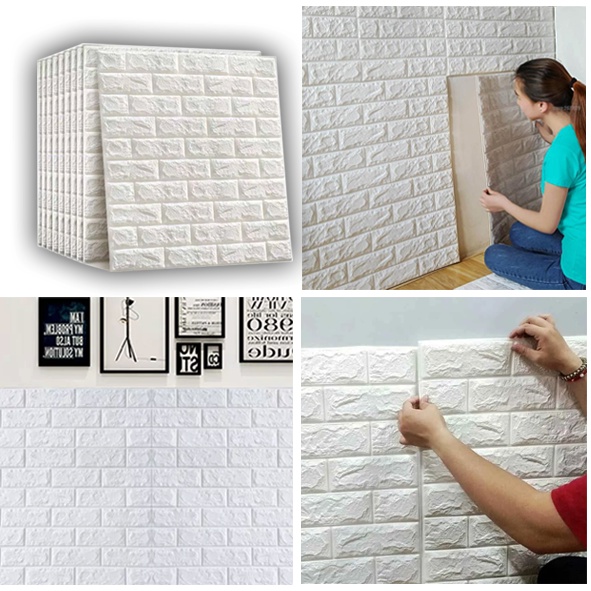 WALLPAPER 3D EMBOSSED STIKER DINDING MOTIF BATU ALAM CORAK CREAM / WALLFOAM TIMBUL 70x77cm-BATA PUTIH