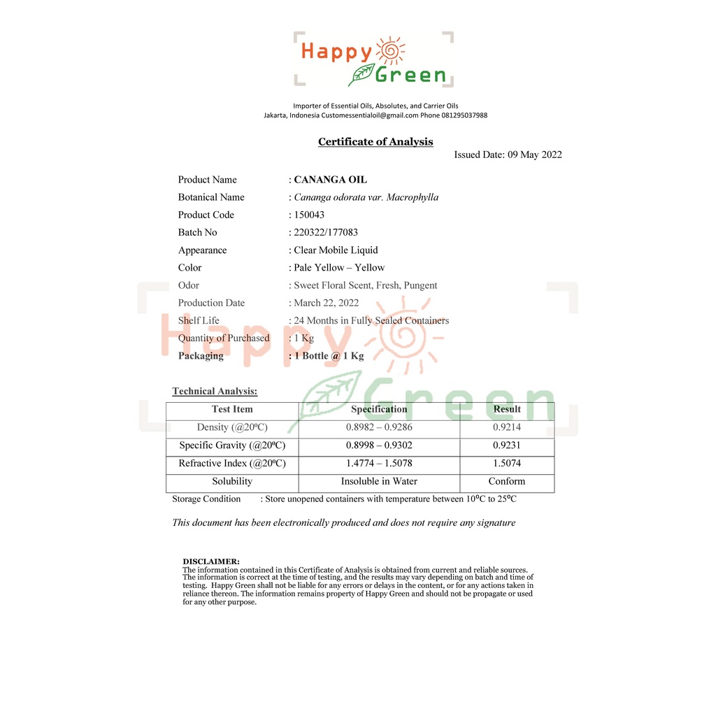 BPOM Happy Green Cananga Essential Oil - Minyak Atsiri Bunga Kenanga -100% Pure &amp; Natural Garansi Uang Kembali