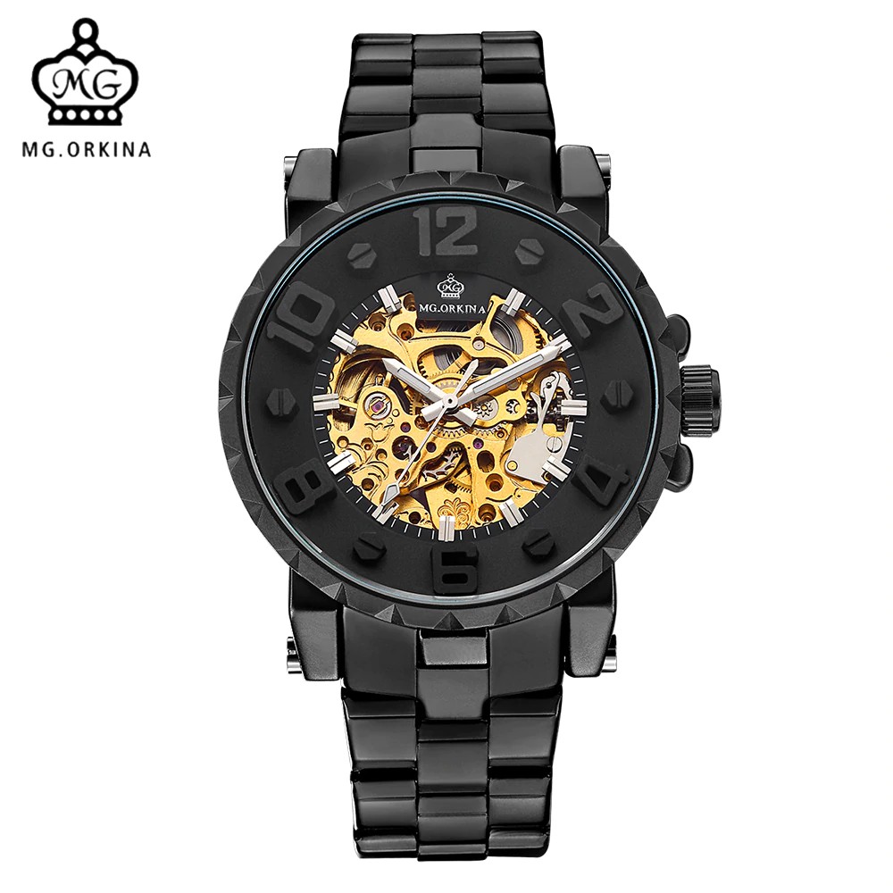 MG. ORKINA Men Wristwatch Golden Skeleton Clock Mechanical Male Wrist Watch Black Relogio Masculino